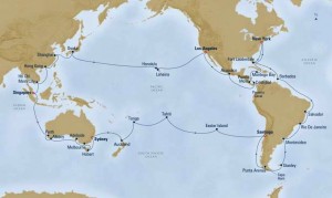 World cruise route map across the Pacific and South America