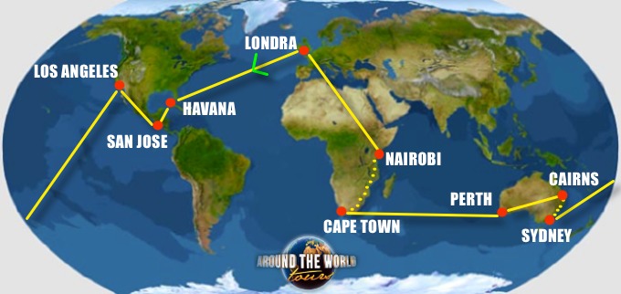 Mappa del giro: Londra, Havana, San José, Los Angeles, Sydney, Cairns, Perth, Cape Town e Nairobi