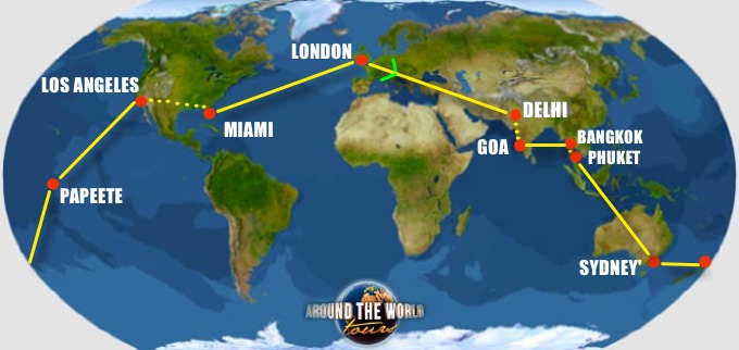 Route map: London, Delhi, Goa, Bangkok, Phuket, Sydney, Papeete, Los Angeles and Miami