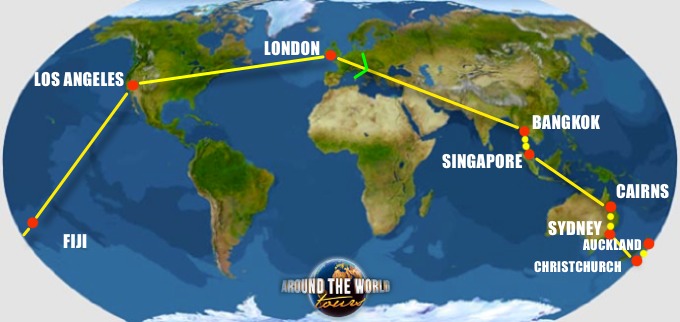 Mappa del giro: Londra, Bangkok, Singapore, Cairns, Sydney, Christchurch, Auckland, Fiji e Los Angeles