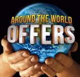 Mani che reggono un globo con la scritta Around the World Offers
