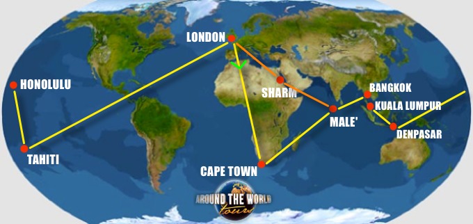 Route map: London, Sharm el Sheikh, Cape Town, Malé, Bangkok, Kuala Lumpur, Denpasar, Honolulu and Tahiti