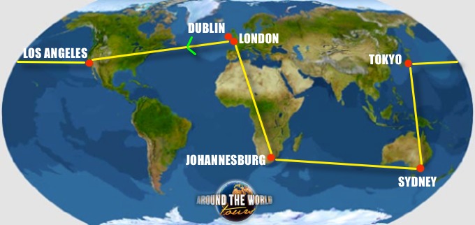 Golf tour route map: London, Dublin, Los Angeles, Tokyo, Sydney and Johannesburg
