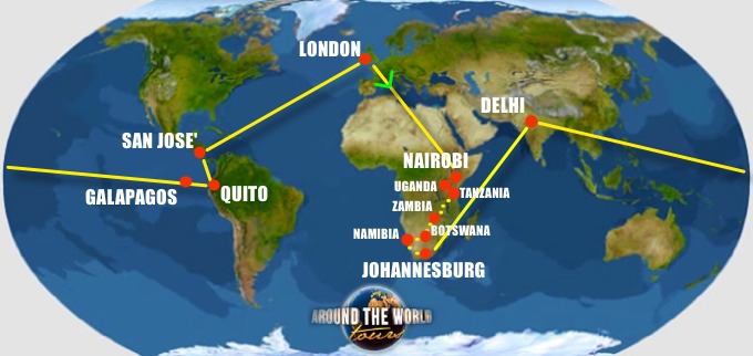 Safari route map: London, Nairobi, overland to Johannesburg, then Delhi, Quito, the Galápagos and San José