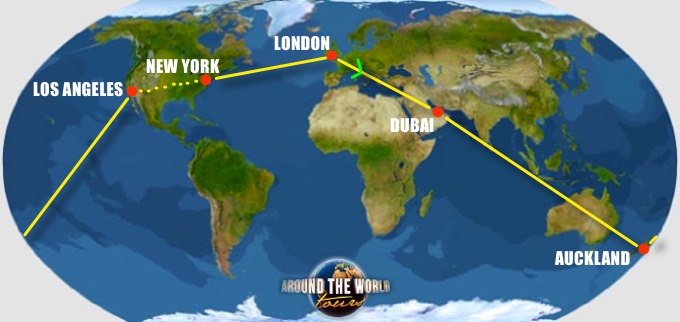 Mappa del giro: Londra, Dubai, Auckland, Los Angeles e New York