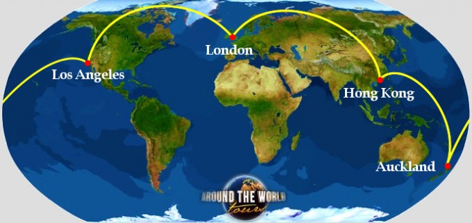 Route map: Los Angeles, London, Hong Kong and Auckland