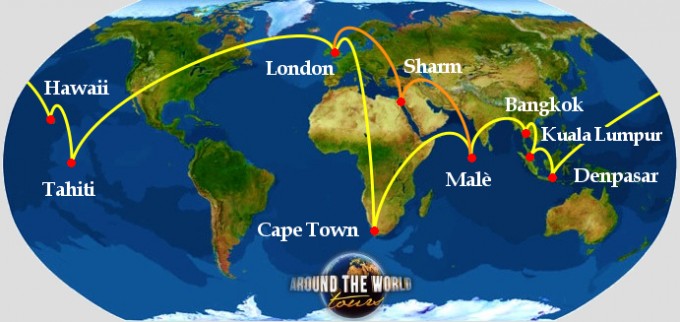Route map: London, Sharm el Sheikh, Cape Town, Malé, Bangkok, Kuala Lumpur, Denpasar, Hawaii and Tahiti