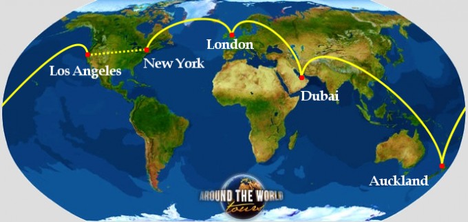 Route map: London, Dubai, Auckland, Los Angeles and New York