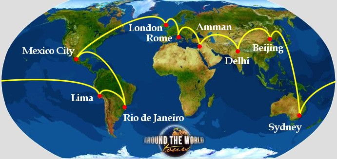 Seven Wonders route map: London, Rome, Amman, Delhi, Beijing, Sydney, Rio de Janeiro, Lima and Mexico City
