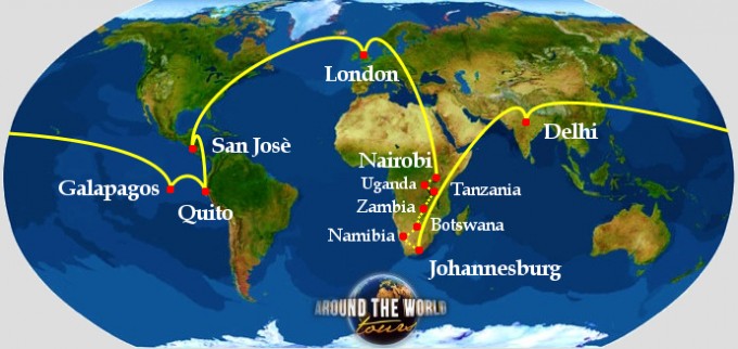 Safari route map: London, Nairobi, overland through East and southern Africa to Johannesburg, then Delhi, Quito, the Galápagos and San José