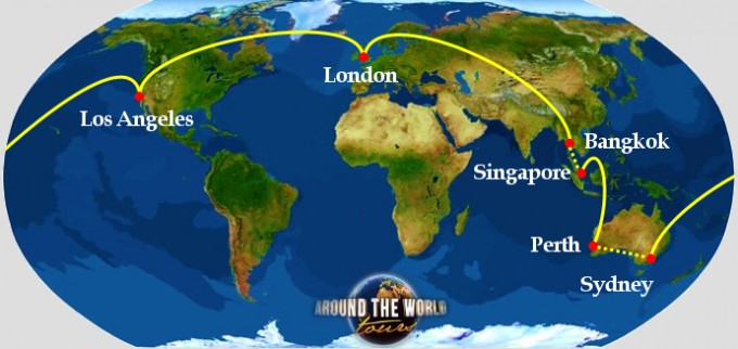 Route map: London, Bangkok, Singapore, Perth, Sydney and Los Angeles