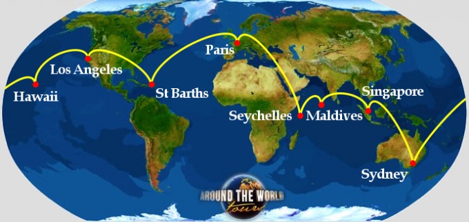 Route map: Paris, Seychelles, Maldives, Singapore, Sydney, Hawaii, Los Angeles and St Barths