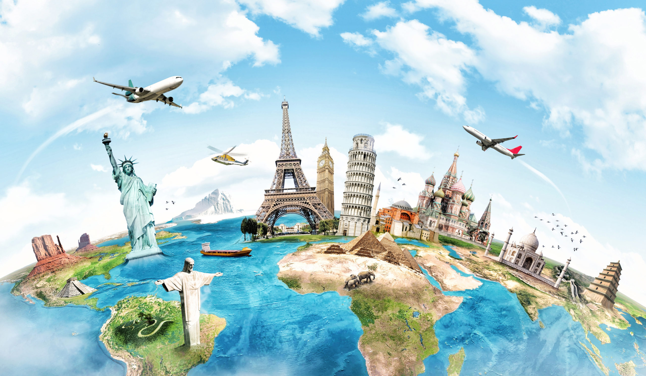 Planes circling a globe covered with world landmarks