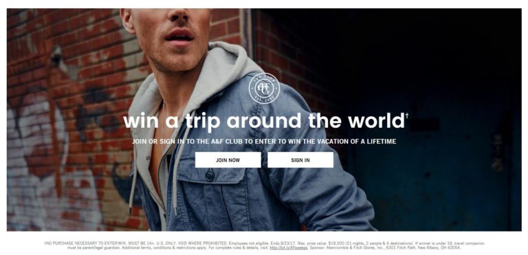 Pagina del concorso Abercrombie & Fitch per vincere un giro del mondo